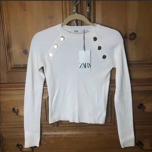 Zara white ribbed fitted crew neck sweater top
